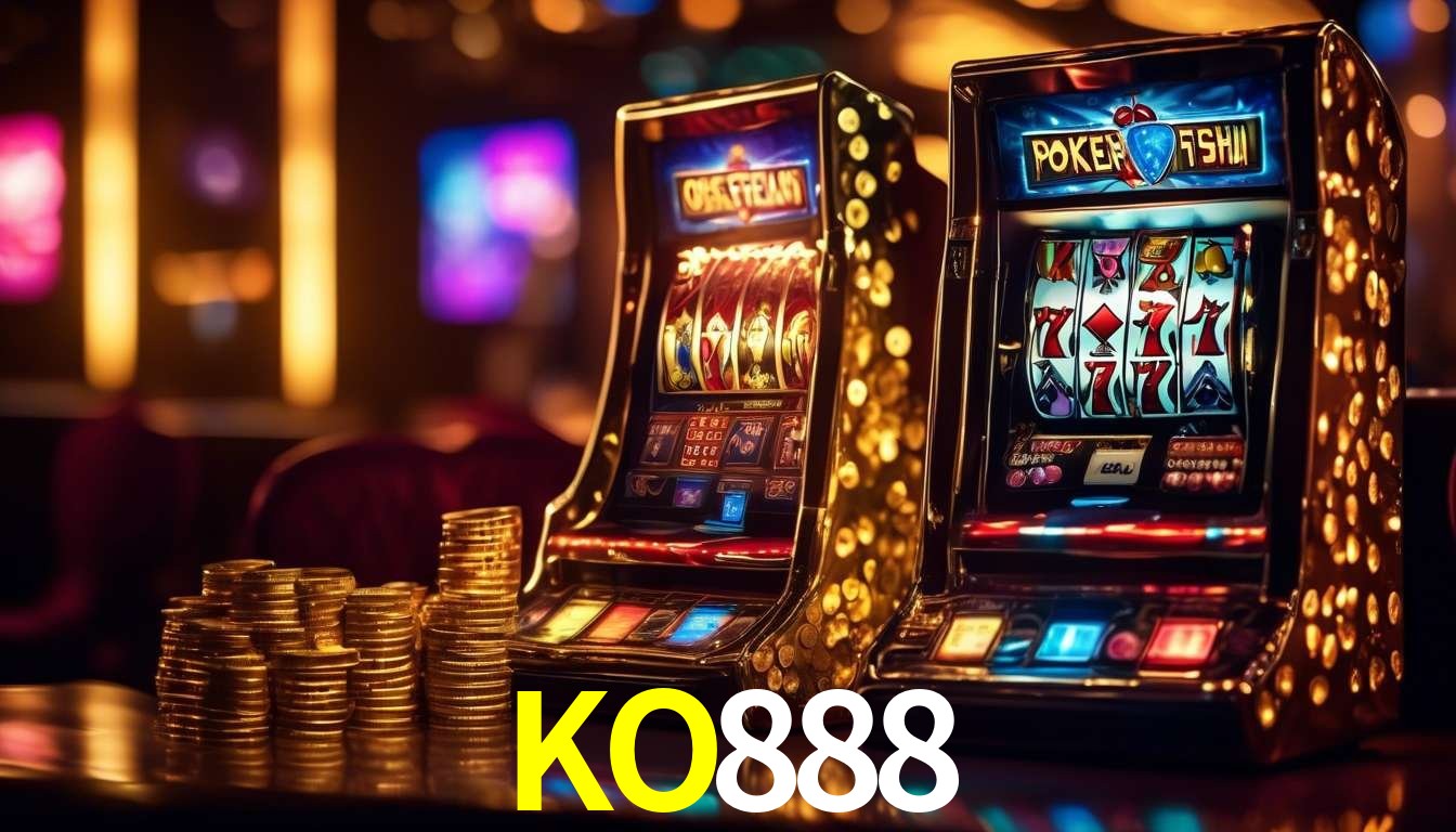Una escena digital vívida inspirada en casino con KO888 mostrado prominentemente, luces brillantes, fichas, cartas y acentos dorados.