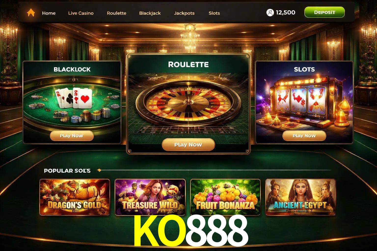 Vista de la plataforma KO888 Casino mostrando categorías organizadas de juegos en línea